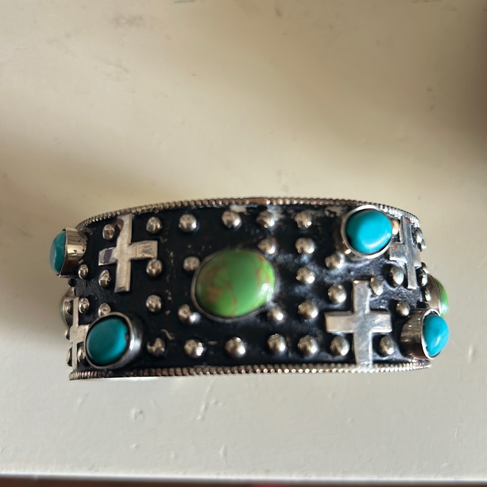 Silver and stone cross cuff